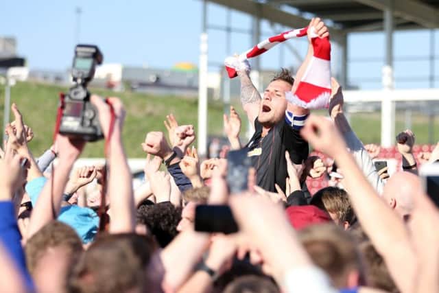 Sheffield United's Billy Sharp celebrates  promotion at Northampton. Pic David Klein/Sportimage