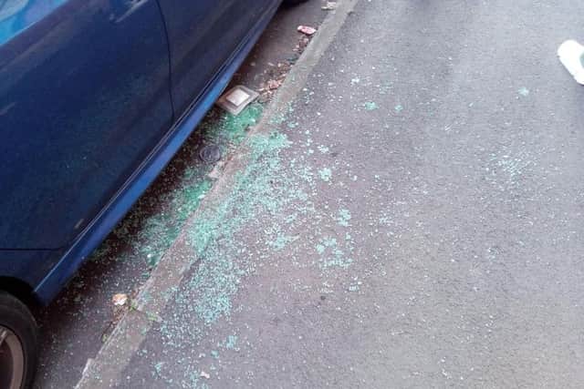 Glass in Kelham Island - evidence that a car window has been smashed.