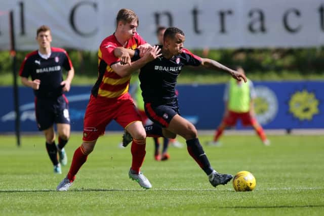 Partick Thistle v Rotherham Utd - Season 2015/16 -  Pre-Season game 25/7/15.  Rotherham's Jonson Clarke-Harris finds it hard going agains Partick's Liam Lindsay