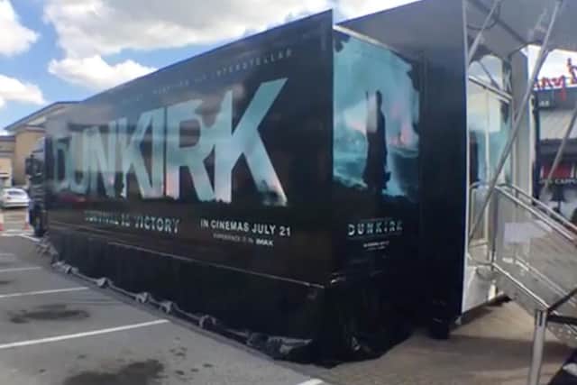 The Cinetransformer - a huge mobile cinema - which showed exclusive preview footage from Dunkirk to audiences in the car park outside Cineworld Sheffield.