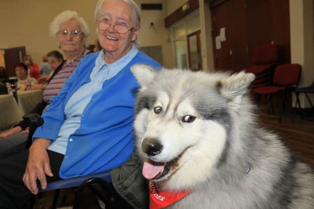 Adrian Ashworth and Thunder his husky visited the memory cafe for people with dementia at the Saint Thomas More Community Centre. Thunder is pictured with Edith Rodgers.