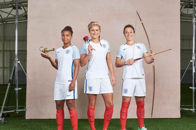 Pictured: (from L-R) Nikita Parris channels Princess Jasmine from Aladdin, Steph Houghton channels Princess Aurora from Sleeping Beauty, Lucy Bronze channels Princess Merida from Brave.