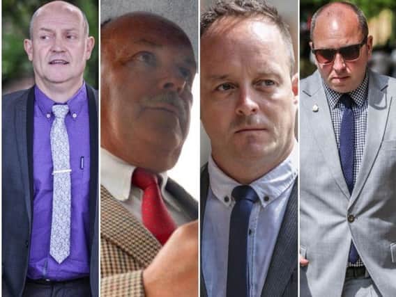 (L-R) Lee Walls, Malcolm Reeves, Matthew Lucas and Matthew Loosemore are all accused of participating in the filming of naked sunbathers while employed as members of a South Yorkshire Police helicopter crew
