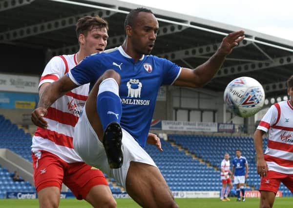 Picture Andrew Roe/AHPIX LTD, Football, Pre Season Friendly, Chesterfield Town v Doncaster Rovers, Proact Stadium, 29/07/17, K.O 3pm

Chesterfield's Chris O'Grady fends off Doncaster's Joe Wright

Andrew Roe>>>>>>>07826527594