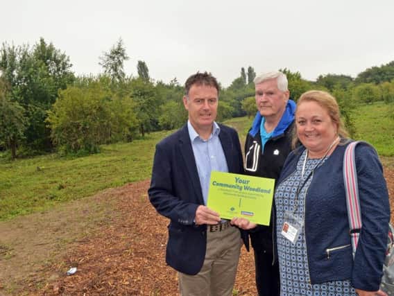 Simon Oldham, Edlington Town Council Clerk, Frank Arrowsmith, Mayor of Edlington and Leigh Calladine, secretary of the Community Woodland Steering group, pictured at the site they plan to turn into a community woodland recreation facility.