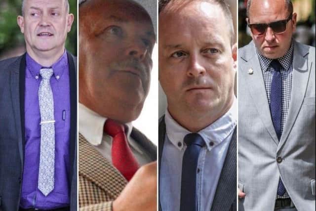 (L-R) Lee Walls, Malcolm Reeves, Matthew Lucas and Matthew Loosemore are all accused of participating in the filming of naked sunbathers while employed as members of a South Yorkshire Police helicopter crew