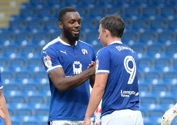 Picture by Howard Roe/AHPIX.com;Football;
Chesterfield Town v Doncaster Rovers  
29/7/2017 KO 3.00pm; ;Proact Stadium
copyright picture;Howard Roe;07973 739229

Chesterfield's  Kristen Dennis celebrates his goal with Gozie Ugwu