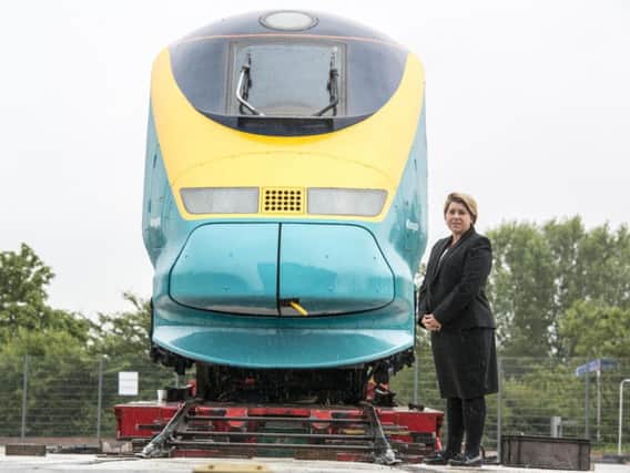 Chief executive Clair Mowbray with a Eurostar power car engine delivered to the High Speed Rail College in Doncaster today