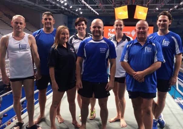 Sheffield and Maltby diving team from the  World Masters Championships in Budapest   from left to right; Shaun Tesh, Kev Davidson, Nikki Walker, Neeltje Sturman, Chris Long, Jane Cooke, coach Russ Preece, Michael Barnes