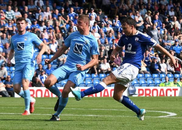 Picture Andrew Roe/AHPIX LTD, Football, EFL Sky Bet League Two,v Chesterfield Town v Coventry City, Proact Stadium, 02/09/17, K.O 3pmChesterfield's Kristian Dennis has a shot on goalAndrew Roe>>>>>>>07826527594