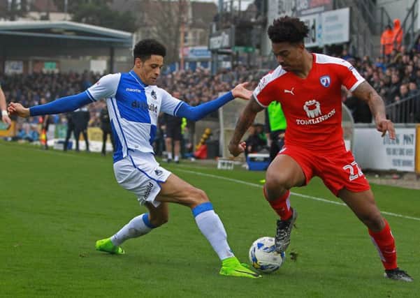 Picture by Gareth Williams/AHPIX.com. Football, Sky Bet League One; 
Bristol Rovers v Chesterfield; 18/03/2017 KO 3.00pm;  
The Memorial Stadium;
copyright picture;Howard Roe/AHPIX.com
Spireites Rai Simons is tackled by Rovers' Daniel Leadbitter