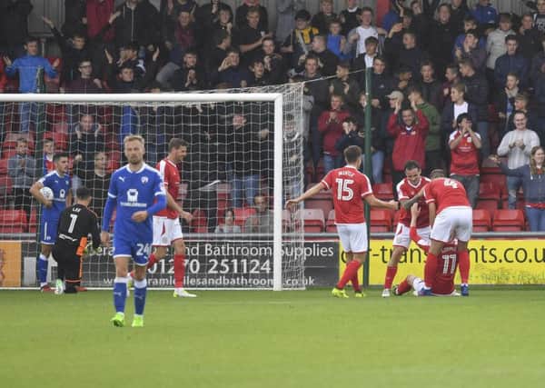 Crewe Alexandra players celebrate with goalscorer  George Cooper: Picture by Steve Flynn/AHPIX.com, Football: Skybet League 2 match Crewe Alexandra -V- Chesterfield at Alexandra Stadium, Crewe, Cheshire, England on copyright picture Howard Roe 07973 739229