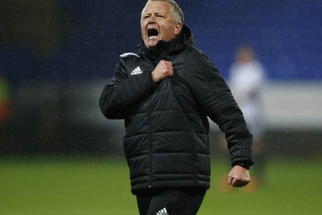 Chris Wilder manager of Sheffield Utd celebrates the win during the Championship match at the Macron Stadium, Bolton. Simon Bellis/Sportimage