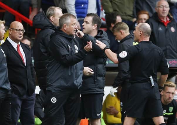 Chris Wilder manager of Sheffield Utd is sent to the stands by the referee Scott Duncan. Simon Bellis/Sportimage