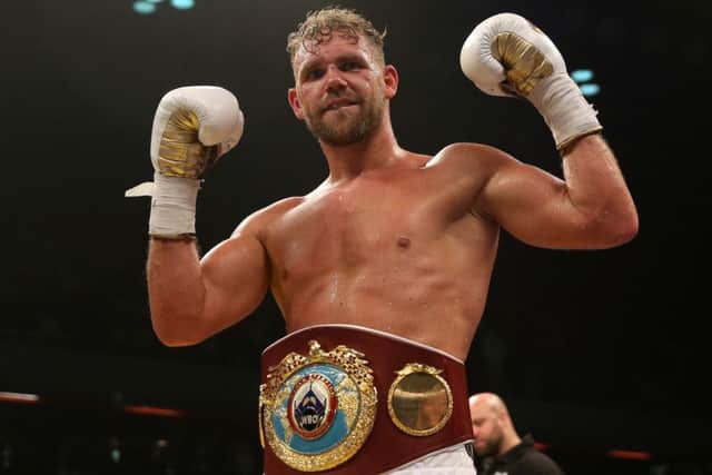 Billy Joe Saunders celebrates beating Willie Monroe Jnr in the WBO World Middleweight Championship bout at the Copper Box Arena, London Pic: Scott Heavey/PA Wire