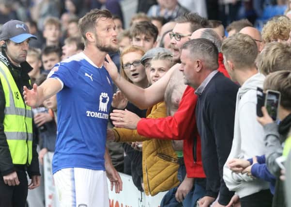 Chesterfield FC v Accrington, Scott Wiseman confronts angry fans after the final whistle