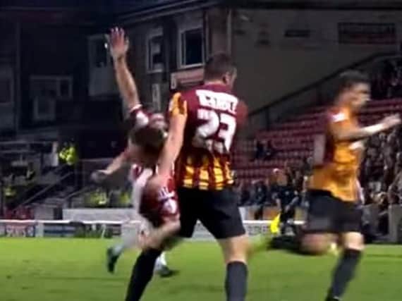 Stefan Scougall is thrown to the floor by Rory McArdle, but no penalty was given