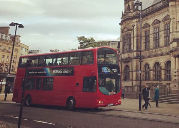 A Magtec-powered bus outside Sheffield Town Hall.