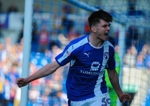 Chesterfield's forward Joe Rowley (39) in front of the home fans.Picture by Stephen Buckley/AHPIX.com. Football, League 1, Chesterfield v Port Vale; 08/04/2017 KO 3.00pm Proact stadium; copyright picture; Howard Roe; 07973 739229