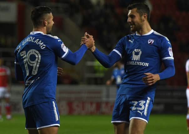 Picture Andrew Roe/AHPIX LTD, Football, Checkatrade Trophy, Rotherham United v Chesterfield Town, New York Stadium, 03/10/17, K.O 7pm

Chesterfield's Diego De Girolamo celebrates his goal with Jordan Flores

Andrew Roe>>>>>>>07826527594