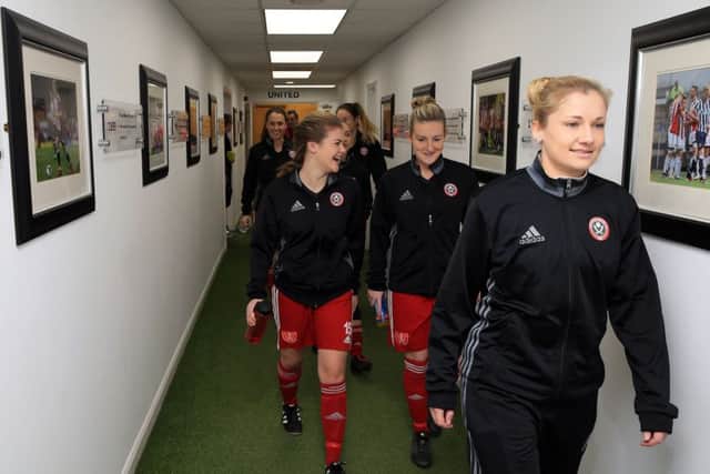 The Sheffield United Ladies team make their way onto the pitch to warm up prior to last season's FA Cup tie, against Leicester City, at Bramall Lane. Pic Clint Hughes/Sportimage