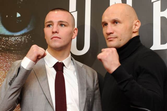 Adam Etches and Sergey Khomitsky ahead of their title fight. Picture: Andrew Roe