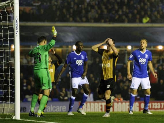 Kieran Lee holds his head in his hands after missing a chance in the defeat to Birmingham City