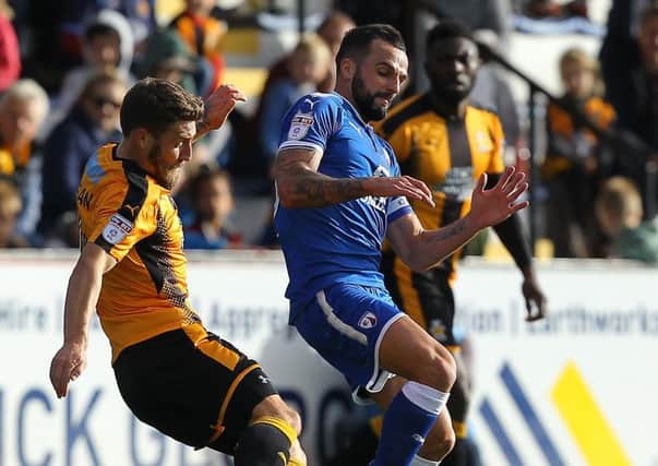 Picture by Gareth Williams/AHPIX.com; Football; Sky Bet League Two; Cambridge United v Chesterfield FC; 21/10/2017 KO 15.00; Cambs Glass Stadium; copyright picture; Howard Roe/AHPIX.com; Chesterfield's Robbie Weir and Cambridge's Gary Deegan battle for a loose ball