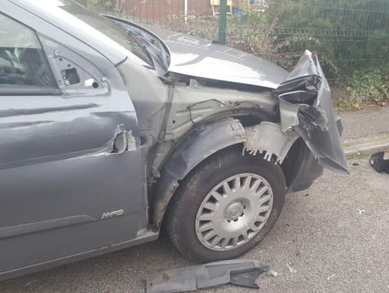 A car damaged in an incident on Granville Crescent, Stainforth