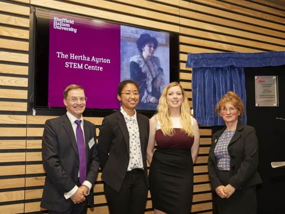 The official opening of Sheffield Hallam University's Stem Centre, named after prominent female inventor Hertha Ayrton. Professor Chris Husbands, engineering student Katrina Love, recent graduate and event host Rhiannon Jones, and IMechE President Carolyn Griffiths