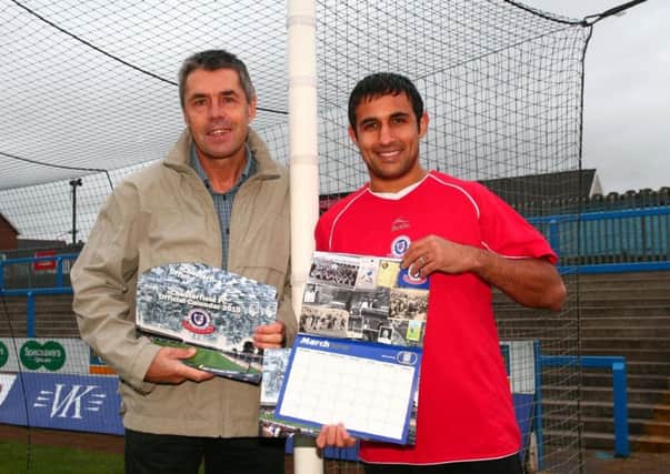 Ernie Moss (left) and Jack Lester with Chesterfield FC's End of an Era calender