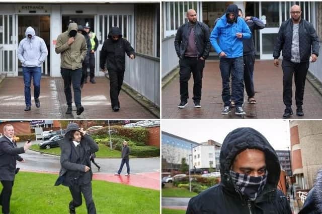 Top left: L>R Nabeel Kurshid, 34, Iqlak Yousaf, 33, Ali Akhtar, 36; Top right: Amjal Rafiq, 38 (blue coat) and Aftab Hussain, 38 (far right); Bottom left: Tanweer Ali, 36; Bottom right: Sharaz Hussain, 33,