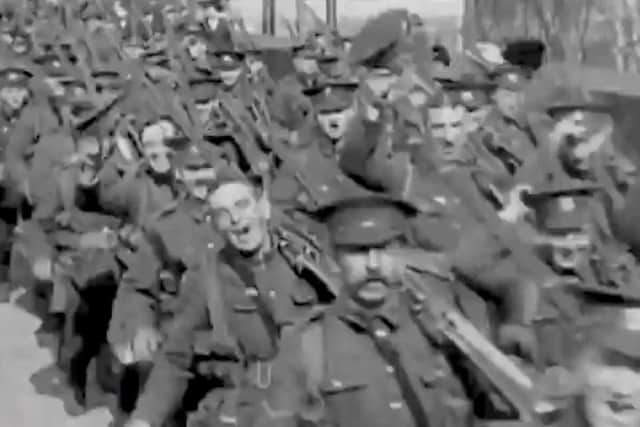 Rare archive footage of Barnsley Pals off to war - visitors can reveal this and more on the information panel using the free Aurasma augmented reality app on their mobile phone or tablet