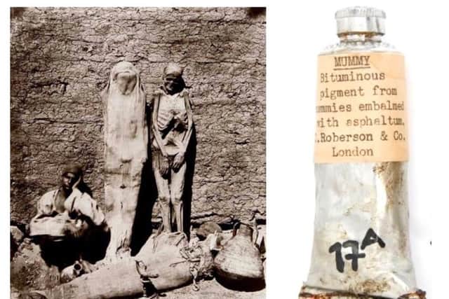 An Egyptian mummy dealer c1870, left. Photo: Bonfils Family Momie egyptienne Medinet-Abou Harvard Art Museums/Fogg Museum. A tube of Mummy Brown pigment from Roberson and Co, right. Photo: Harvard Art Museums