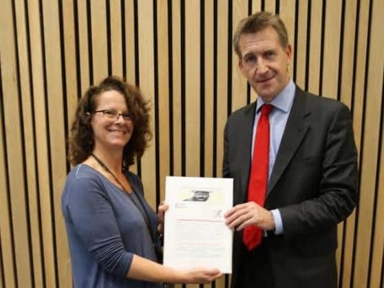 Dr Katherine Albertson and MP Dan Jarvis MBE with the survey.