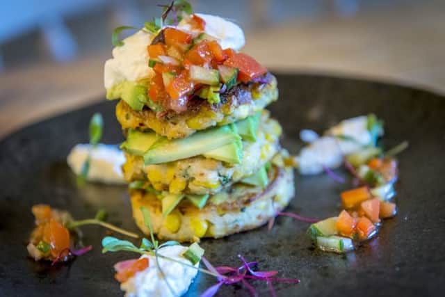 Bottle and Thyme food review for Sheffield Star - Lunch Sweetcorn Fritters with mild tomato salsa and sour cream with added avocado