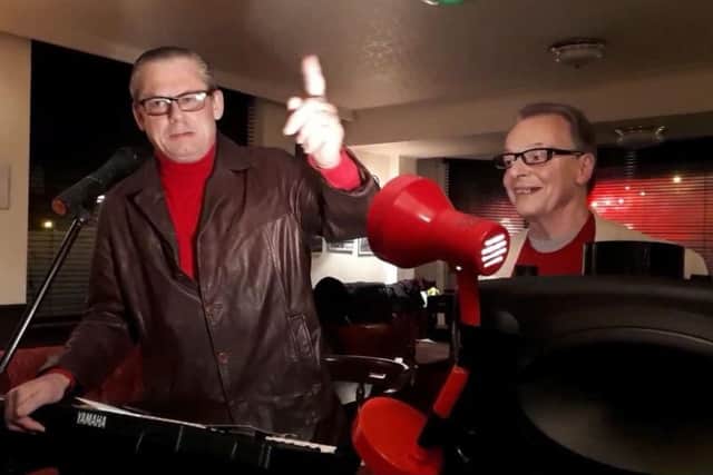 John Shuttleworth and Dave Dillner launch Yellow Ribbon ale at The Harlequin pub. Photo: Dave Dillner/YouTube