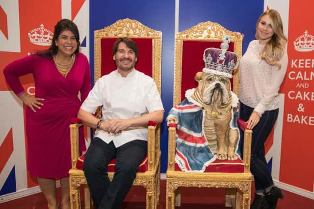 The Cake & Bake Show is celebrating the very Best of British - pictured here, left to right, cake artist Rosie Cake Diva, cake maker to the stars Eric Lanlard and The Apprentice winner Alana Spencer