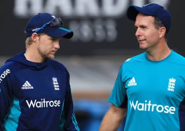 England's Joe Root with former England captain Michael Vaughan
