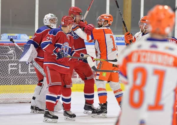 Mathieu Roy gets stuck in against Minsk. Pic by Dean Woolley