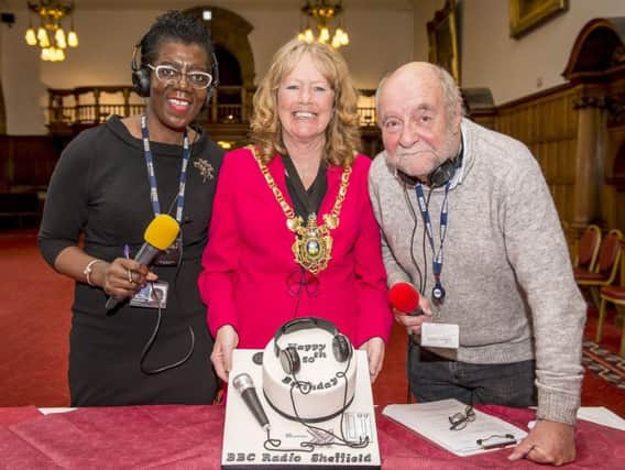 BBC Radio Sheffield's 50th birthday party at Sheffield Town Hall: Presenters Paulette Edwards and Rony Robinson with Lord Mayor of Sheffield Anne Murphy. Picture: Marisa Cashill