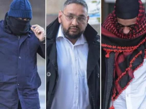 The three defendants arrive at Sheffield Crown Court. L-R: Sajid Ali; Riaz Makhmood; Zaheer Iqbal