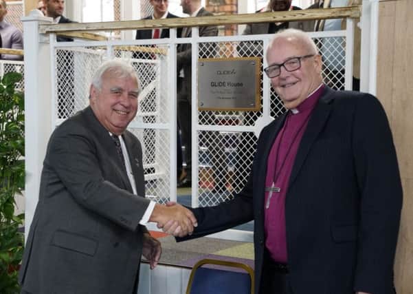 Hugh Facey with Rt Revd Jack Nicholls, former Bishop of Sheffield, at the launch of GLIDE House.