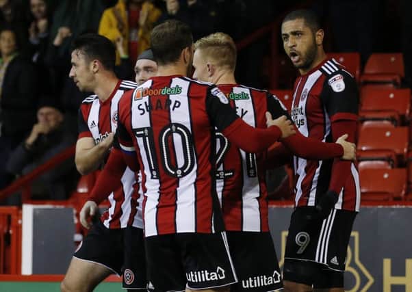 Sheffield United celebrate one of Leon Clarke's hat-trick goals on that amazing night at Bramall Lane. Picture: Simon Bellis/Sportimage