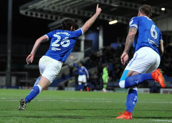 Chesterfield FC v Forest Green Rovers.
Jak McCourt turns away to celebrate his first half goal.