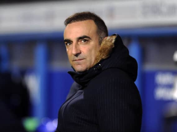 Owls boss Carlos Carvalhal on the bench at Portman Road where Wednesday drew 2-2 with Ipswich Town