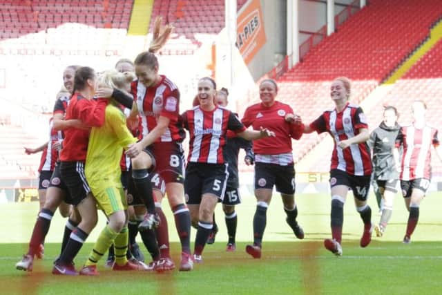 Sheffield United Ladies celebrate their recent win over Yorkshire rivals Leeds United at Bramall Lane