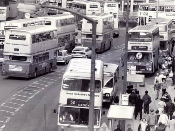 A busy Sheffield city centre in 1987.