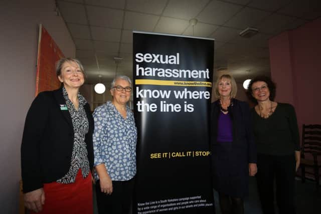 Know the line public awareness campaign on the sexual harassment of women & girls launch event. Pictured are Ann Butler, Women's Equality Party, Maureen Storey, Vida, Christine Rose and Liz Robinson from Women's Equality Party.