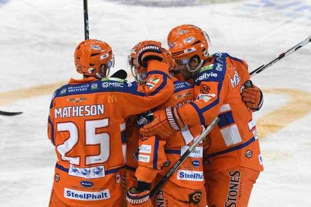 Sheffield Steelers' players celebrate Andreas Valdix's goal against Coventry Blaze.
